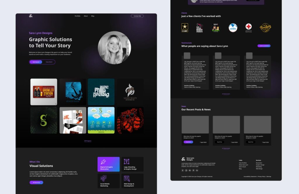 SSara Lynn Designs website mockup inner pages dark mode