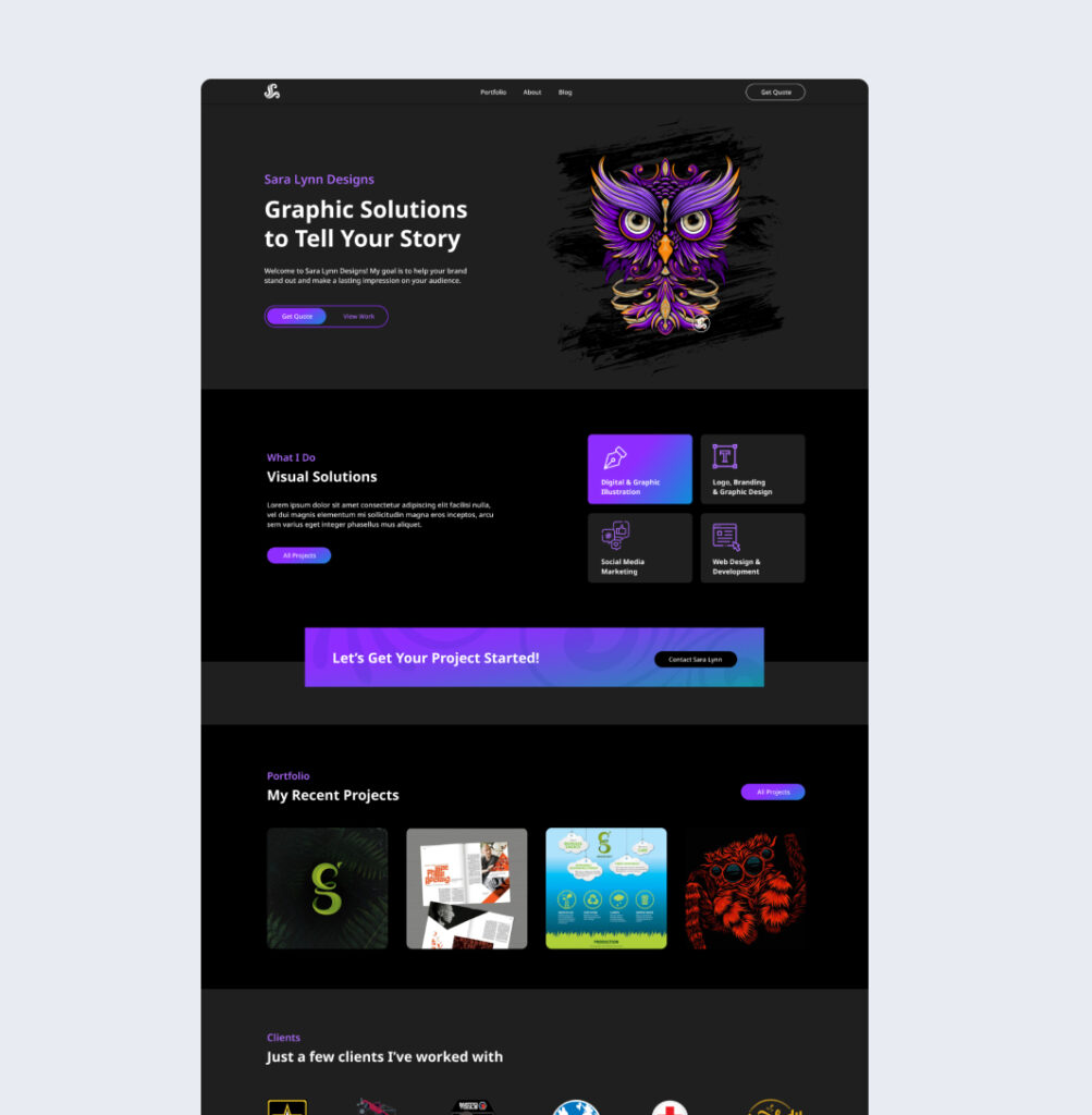 Sara Lynn Designs website mockup dark mode