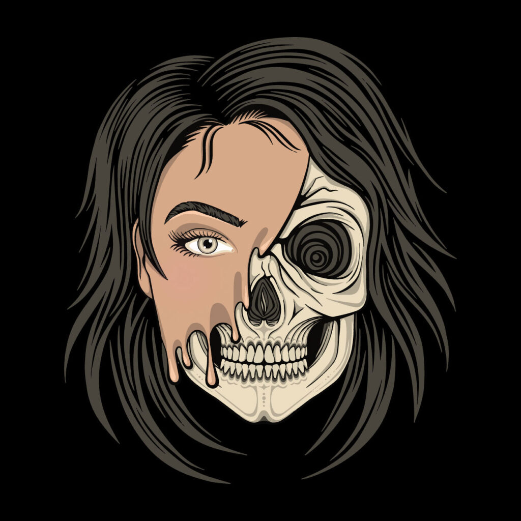 woman with half makeup and half skull illustration
